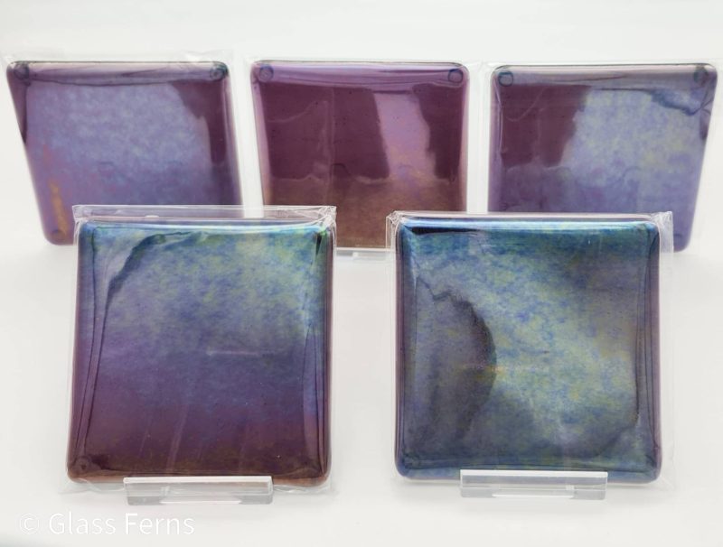 Fused glass amethyst colour coaster with iridescent finish