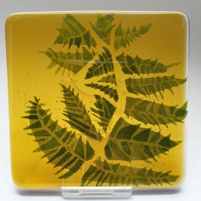 Fused glass golden amber coaster with sparkly fern design