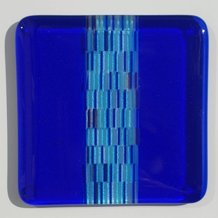 Fused glass tapestry stripe coaster with royal blue sides