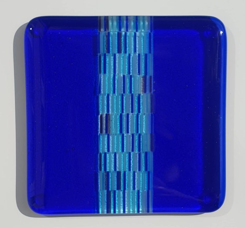 Fused glass tapestry stripe coaster with royal blue sides