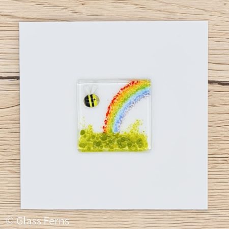 Keepsake fused glass blank card featuring a buzzing bee with a rainbow