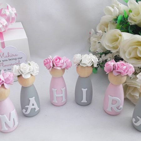 Personalised Pink & Grey Wooden Peg Dolls,New Baby Gift,Flowergirl Gift,Personalised Nursery Decor