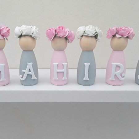 Personalised Pink & Grey Wooden Peg Dolls,New Baby Gift,Flowergirl Gift,Personalised Nursery Decor