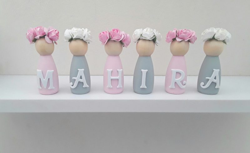 Personalised Pink & Grey Wooden Peg Dolls,New Baby Gift,Flowergirl Gift,Personalised Nursery Decor
