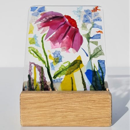 Pink Echinacea fused glass panel with handmade oak stand