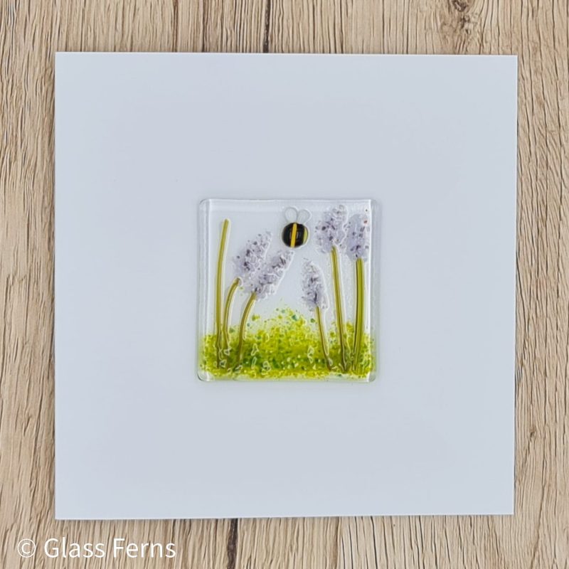 Keepsake fused glass blank card a little bee buzzing in amongst the purple English lavender stems