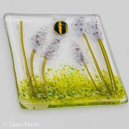 Keepsake fused glass blank card a little bee buzzing in amongst the purple English lavender stems