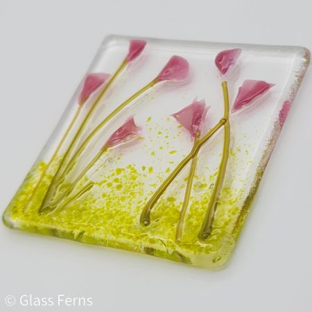 Keepsake fused glass blank card featuring beautiful pink Calla Lilies.