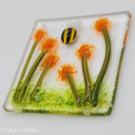 Keepsake fused glass blank card featuring a little bee buzzing in amongst orange pom-pom flowers