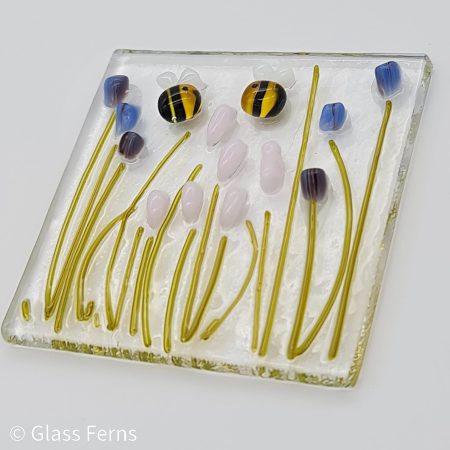 Keepsake fused glass blank card featuring a pair of bees in delicate pastel flowers