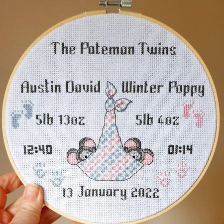 Personalised Baby Twins Birth Sampler, Nursery Decor Wall Art, Cross Stitch Birth Announcement
