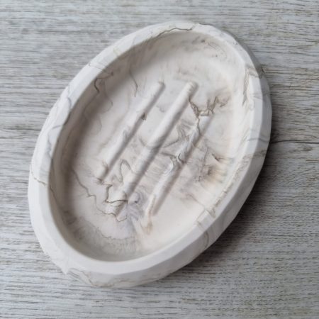 Neutral marbled soap dish made with eco-friendly jesmonite