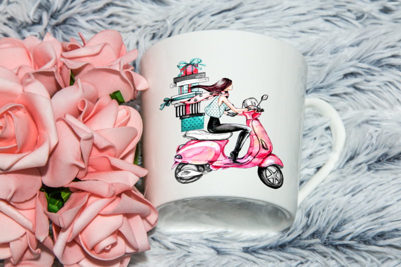 Girl on Scooter with Shopping Mug