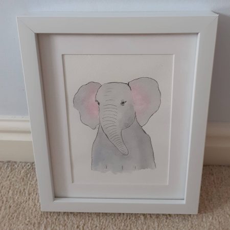 Elephant (face) original framed watercolour for nursery/children's bedroom, ready to hang