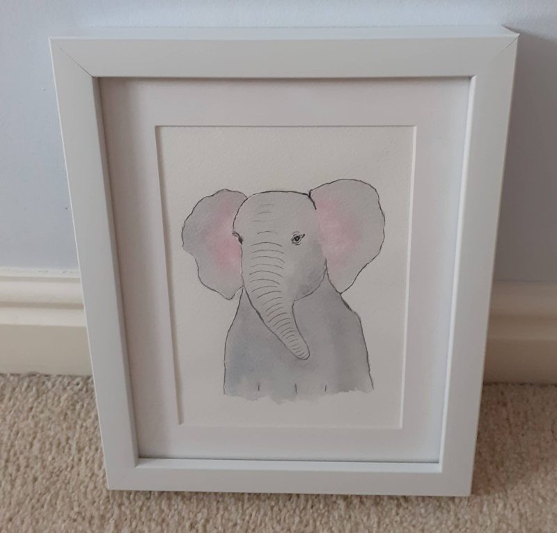 Elephant (face) original framed watercolour for nursery/children's bedroom, ready to hang