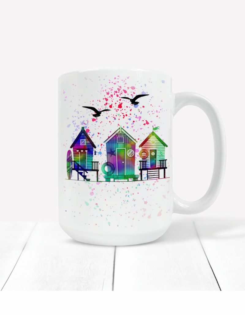 Summer Beach Huts and Seagulls Mug