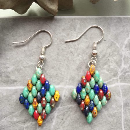 Handwoven Beaded Diamond-Shaped Dangle Earrings - Aqua Green Mix