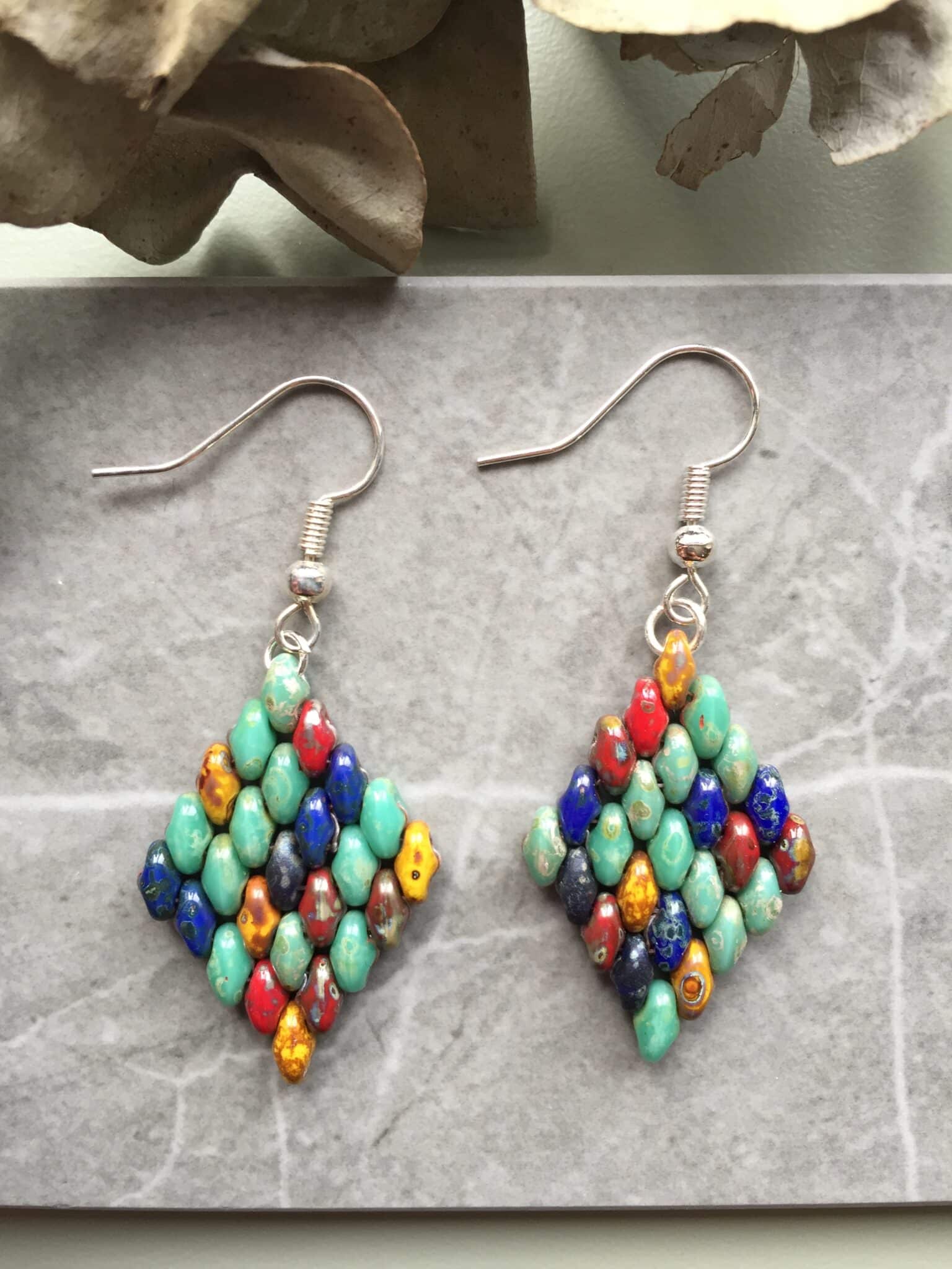 Handwoven Beaded Diamond-Shaped Dangle Earrings - Aqua Green Mix