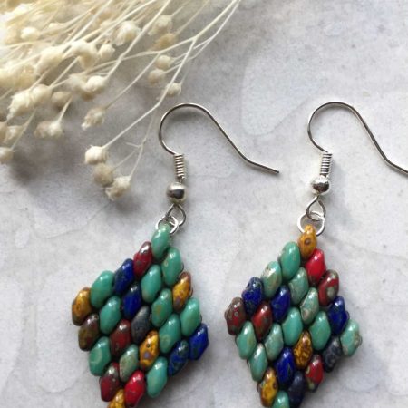 Handwoven Beaded Diamond-Shaped Dangle Earrings - Aqua Green Mix