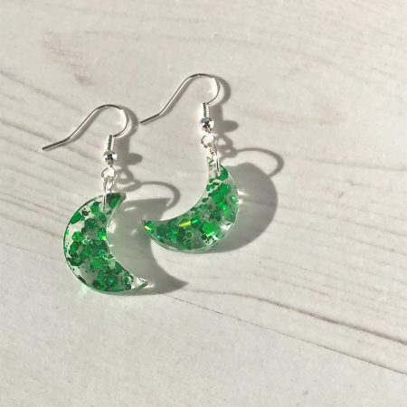 Cute Crescent Moon Earrings | Green glitter mix earrings