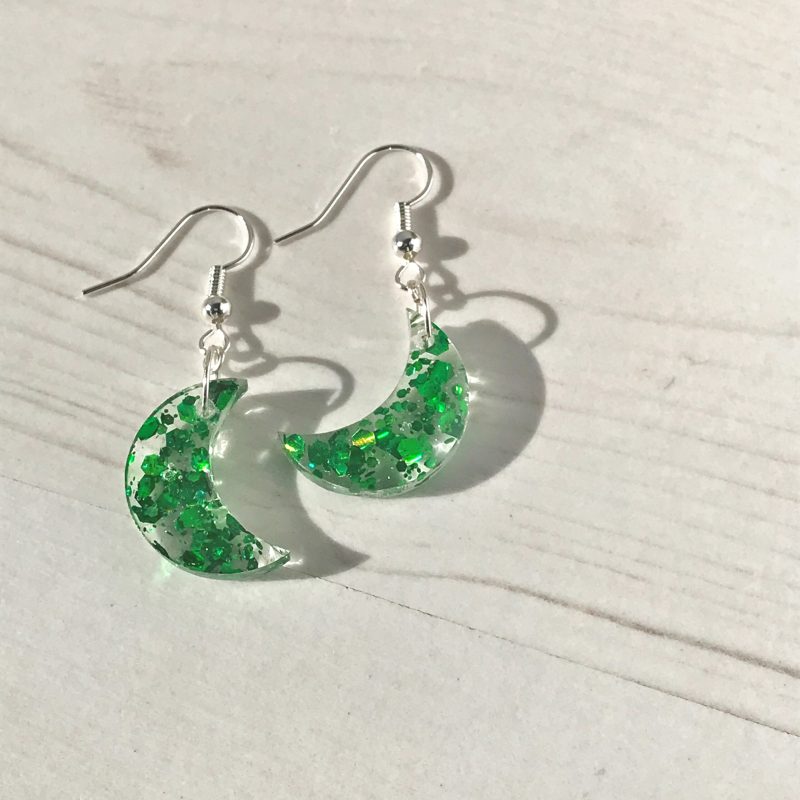 Cute Crescent Moon Earrings | Green glitter mix earrings