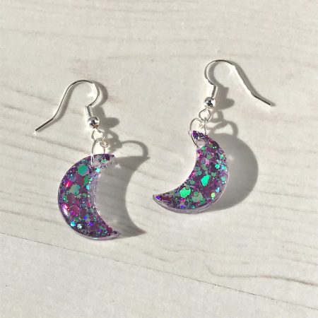 Cute Crescent Moon Earrings | Purple glitter mix earrings