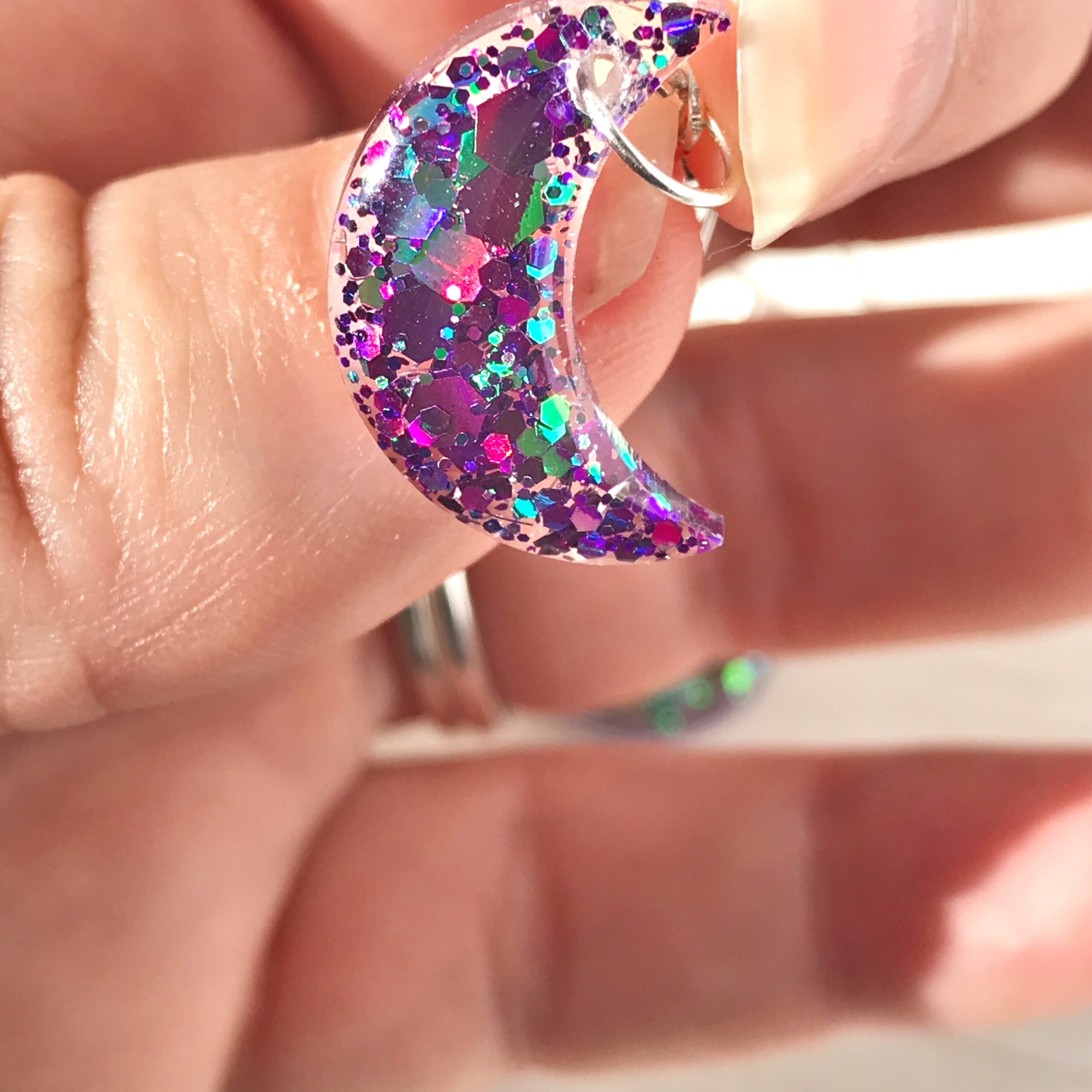 Cute Crescent Moon Earrings | Purple glitter mix earrings