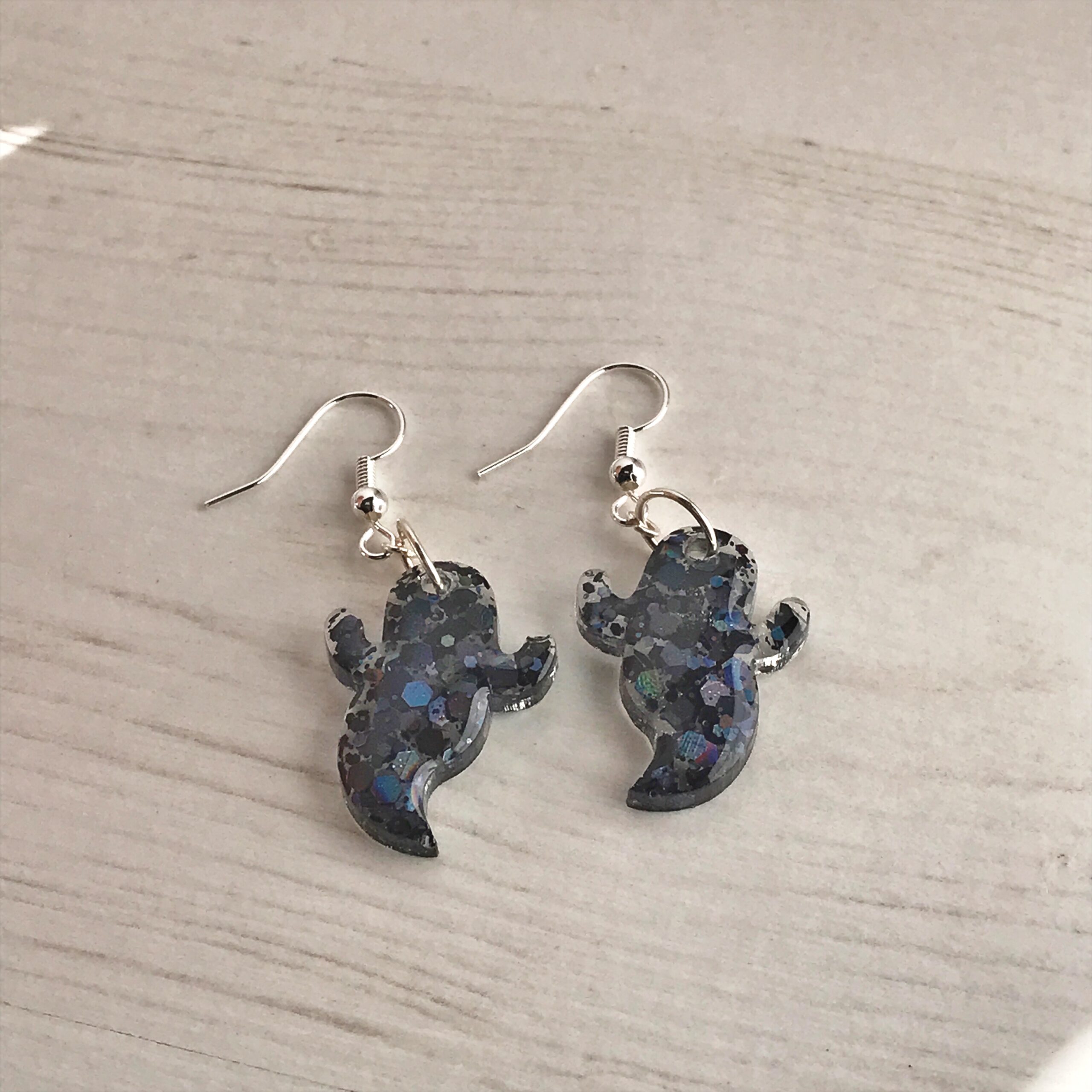 Cute Ghost Earrings | Black Glitter Halloween Earrings