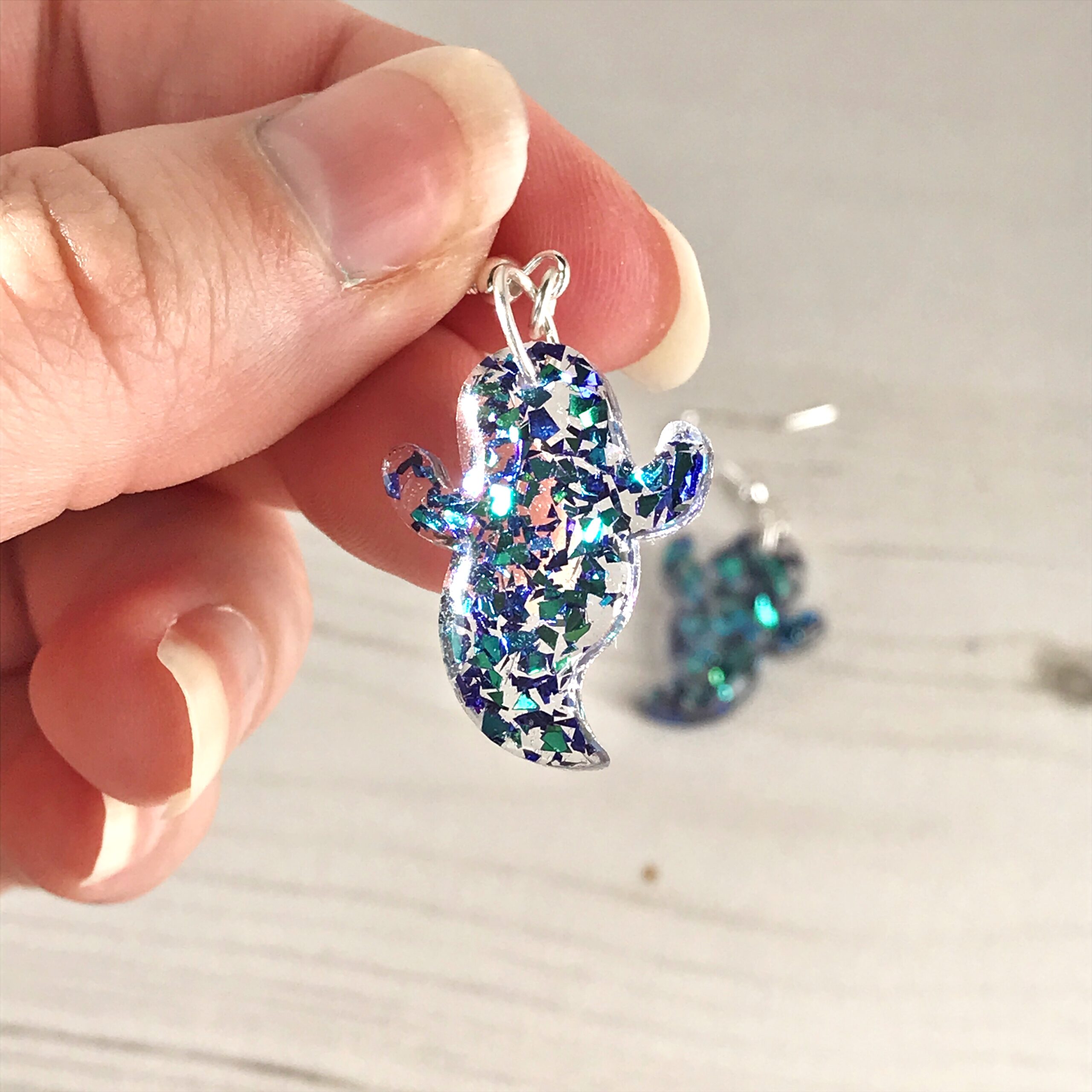 Cute Ghost Earrings | Blue/Green Glitter mix Halloween earrings