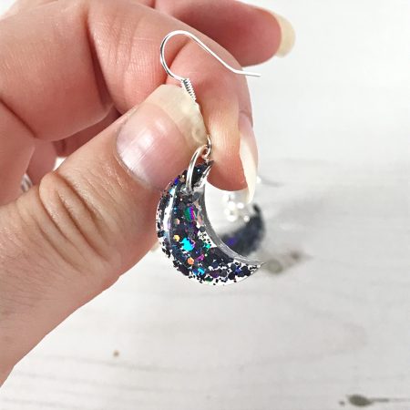 Cute Crescent Moon Earrings | Black glitter mix earrings