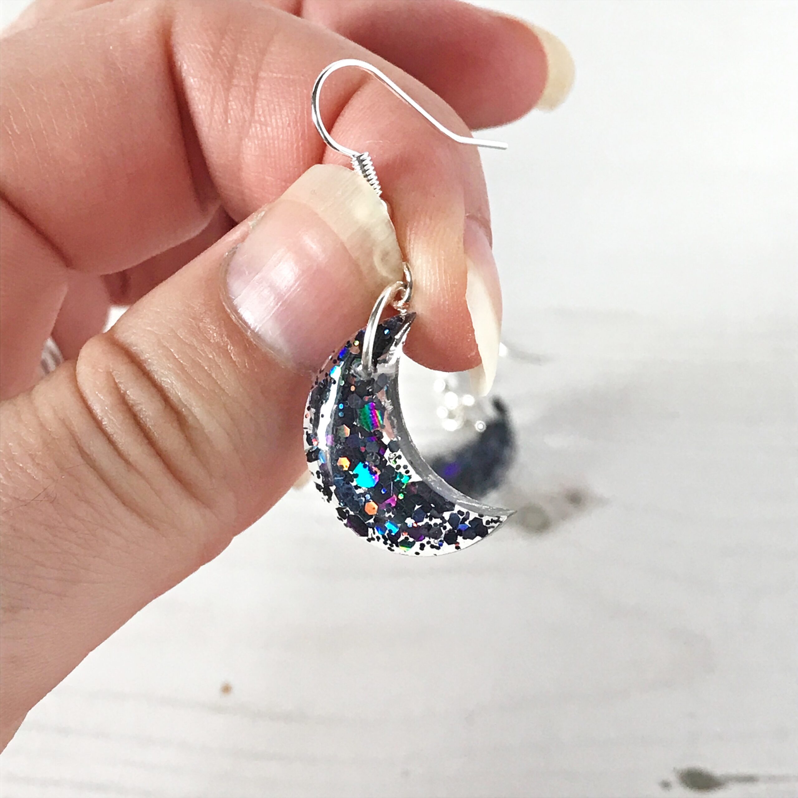 Cute Crescent Moon Earrings | Black glitter mix earrings