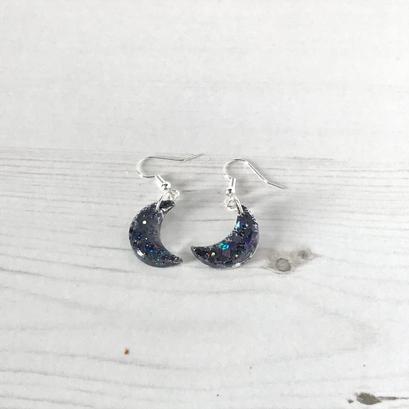Cute Crescent Moon Earrings | Black glitter mix earrings