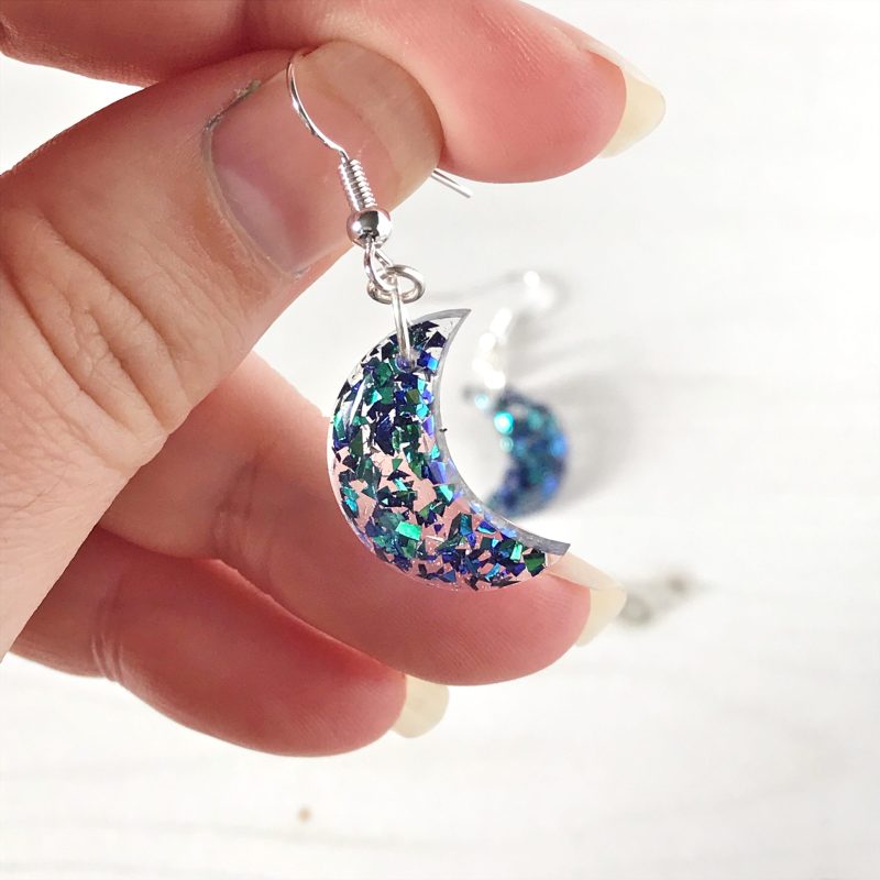 Cute Crescent Moon Earrings | Blue glitter mix moon earrings