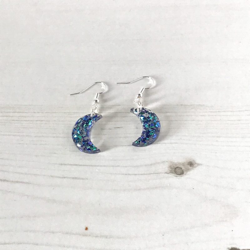 Cute Crescent Moon Earrings | Blue glitter mix moon earrings