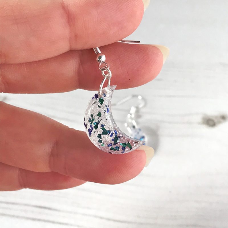 Cute Crescent Moon Earrings | White and blue glitter mix earrings