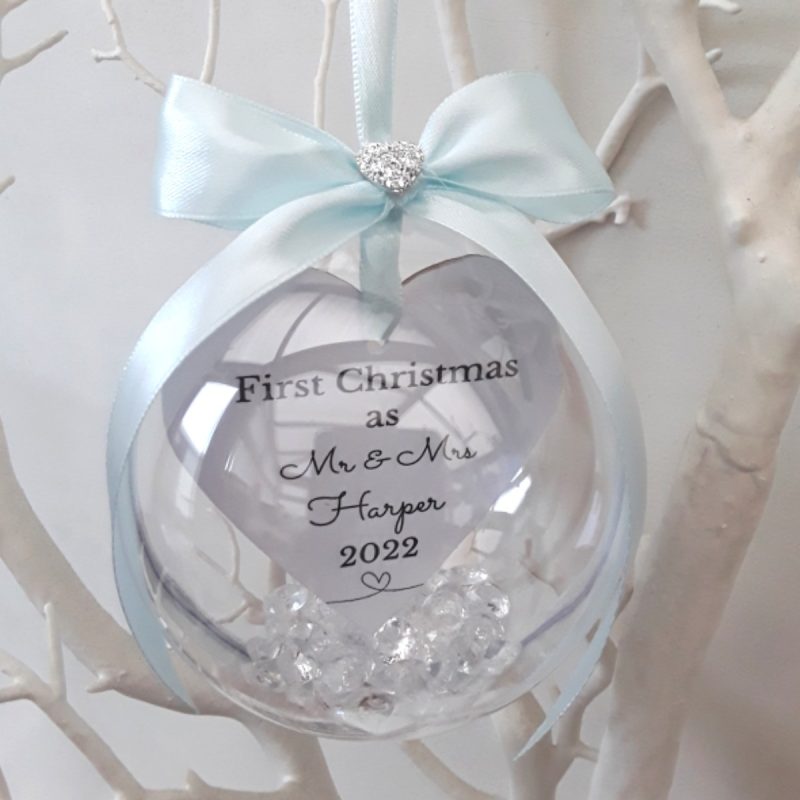 8cm Beautiful Personalised First Christmas Ornament,Mr & Mrs Bauble,First Christmas as Mr & Mrs Bauble,1st Christmas Memory Bauble, Snow Filled Bauble,Crystal Filled Bauble