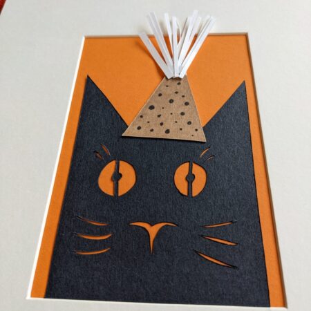 Original Paper Cut Collage Picture - Black Party Hat Cat - Unframed