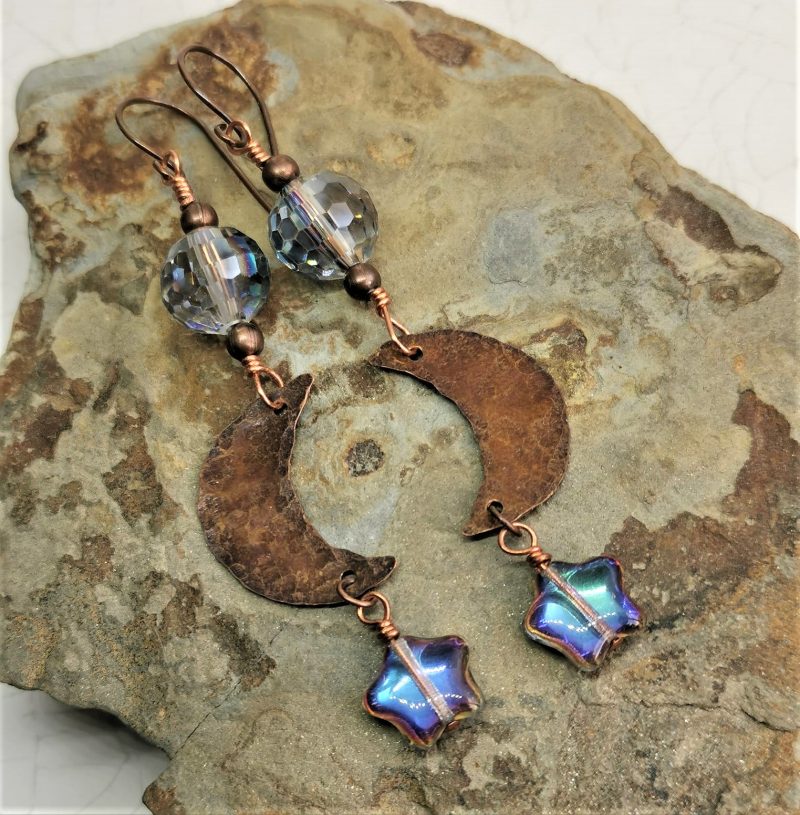 Copper Moon Wire Wrapped Dangle Earrings with Faceted Crystal Globes and Blue Crystal Star Charms