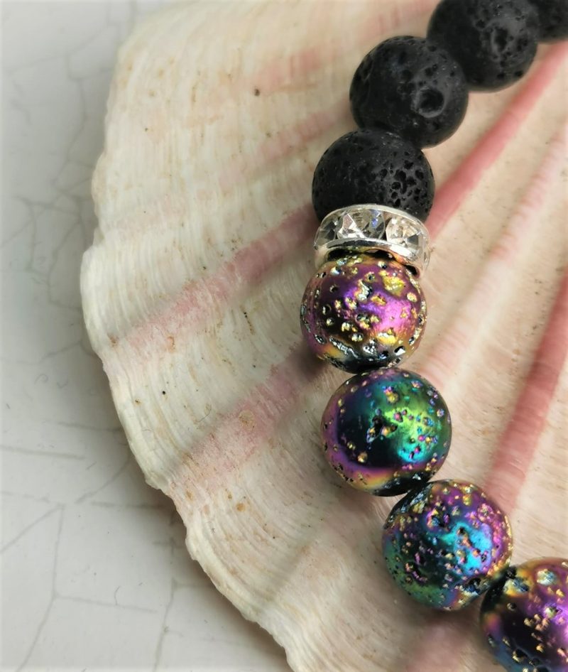 Black Rainbow Titanium Coated Muticolour Lava Rock Sparkly Stretch Bracelet with Silver Buddha Focal