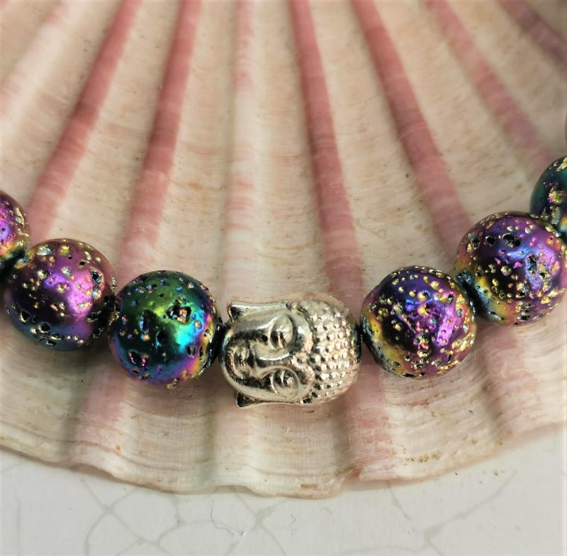 Black Rainbow Titanium Coated Muticolour Lava Rock Sparkly Stretch Bracelet with Silver Buddha Focal