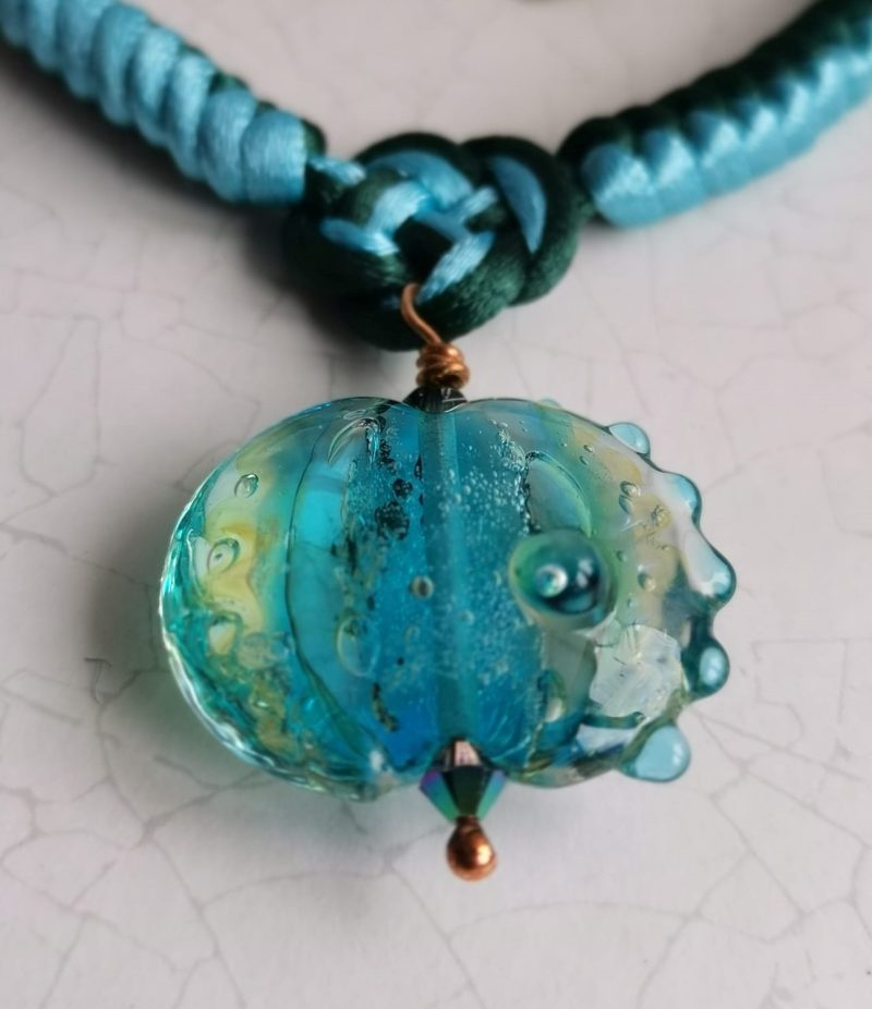 Turquoise Green Chinese Knot Snakeknot Lampwork Glass Necklace with Lampwork Glass Lentil Pendant