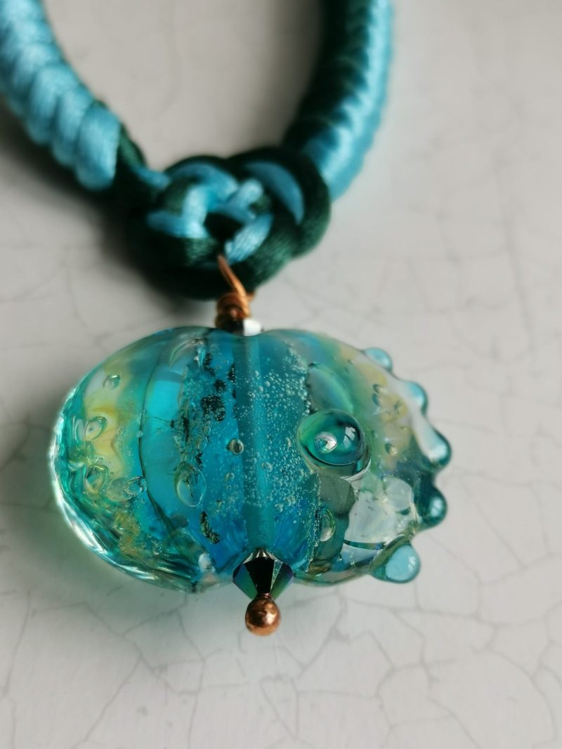 Turquoise Green Chinese Knot Snakeknot Lampwork Glass Necklace with Lampwork Glass Lentil Pendant
