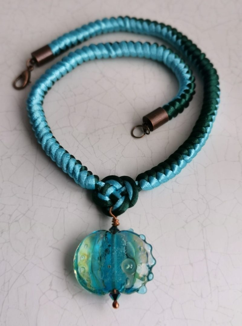 Turquoise Green Chinese Knot Snakeknot Lampwork Glass Necklace with Lampwork Glass Lentil Pendant