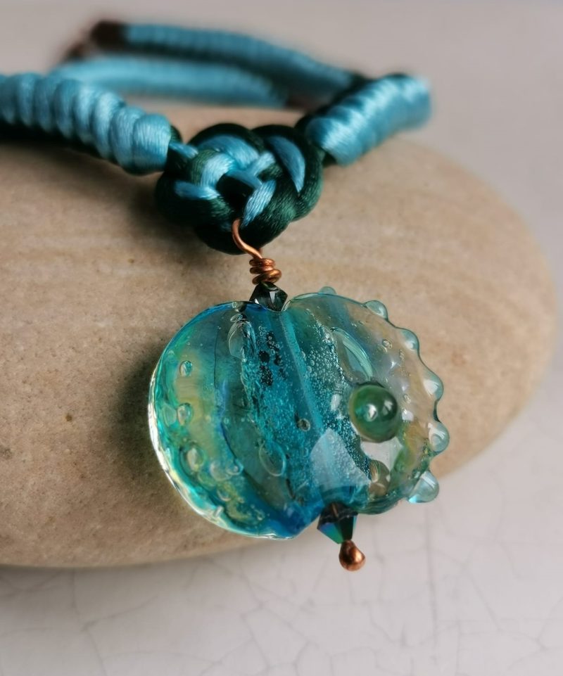 Turquoise Green Chinese Knot Snakeknot Lampwork Glass Necklace with Lampwork Glass Lentil Pendant