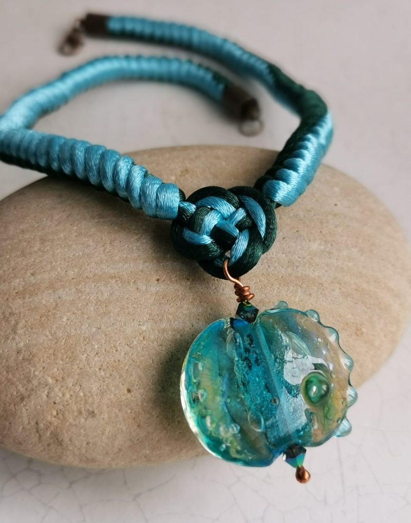 Turquoise Green Chinese Knot Snakeknot Lampwork Glass Necklace with Lampwork Glass Lentil Pendant