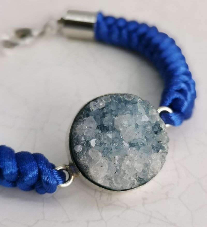 Sparkly Blue Druzy Quartz Chinese Knot Snakeknot Bracelet with Silver Lobster Clasp Fastening