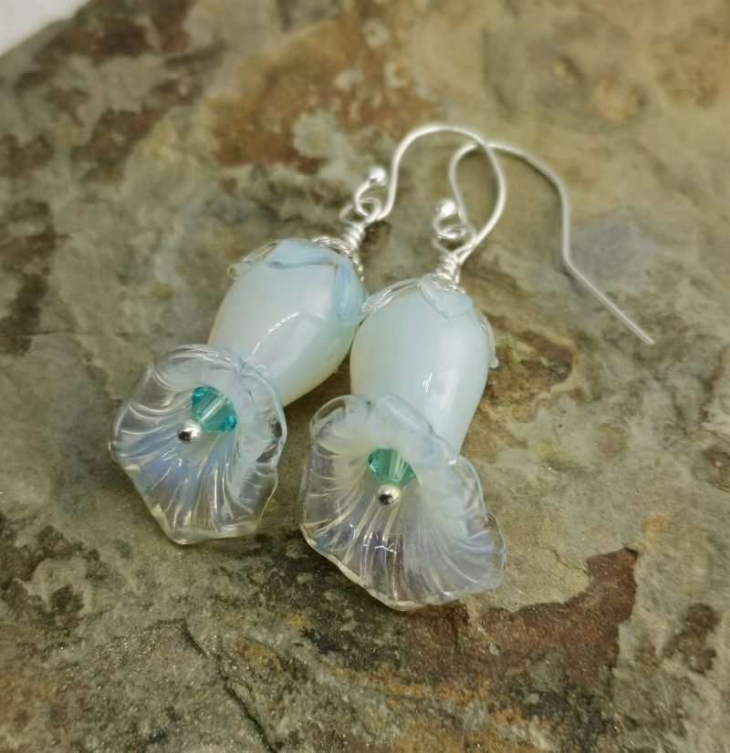 White Glass Lily Flower Sterling Silver Wire Wrapped Dangle Earrings with Turquoise Crystals