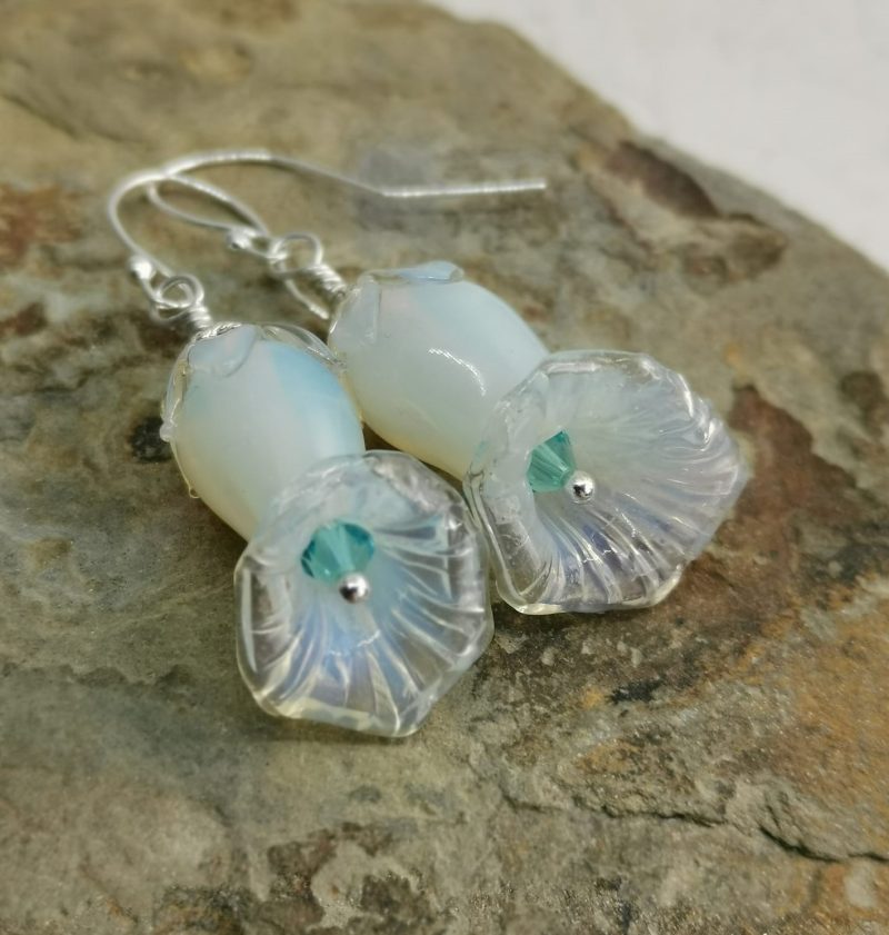 White Glass Lily Flower Sterling Silver Wire Wrapped Dangle Earrings with Turquoise Crystals