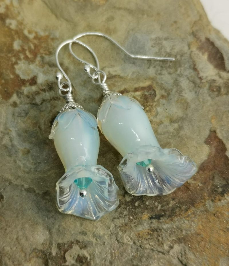 White Glass Lily Flower Sterling Silver Wire Wrapped Dangle Earrings with Turquoise Crystals