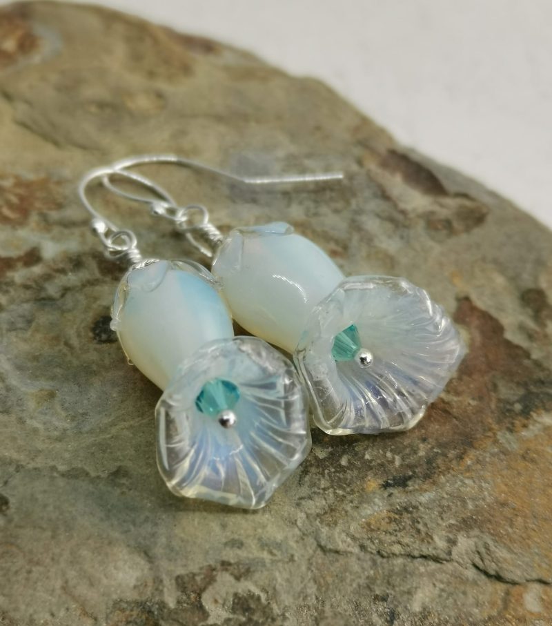 White Glass Lily Flower Sterling Silver Wire Wrapped Dangle Earrings with Turquoise Crystals